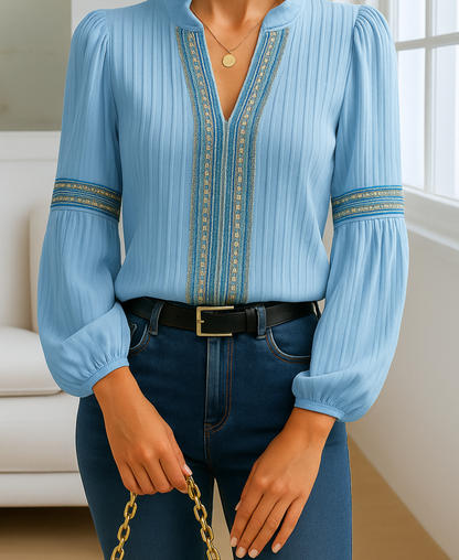 Vivienne Ashcroft | Vintage V-Neck Blouse With Embroidered Trim For Women