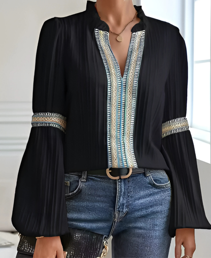 Vivienne Ashcroft | Vintage V-Neck Blouse With Embroidered Trim For Women
