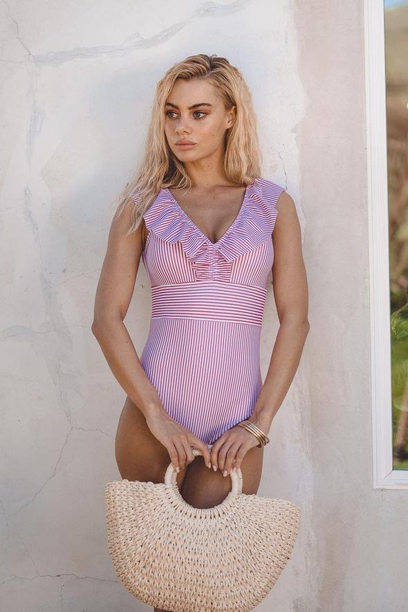 Angharad Ormesby | Blue Striped Ruffle Swimsuit For Women