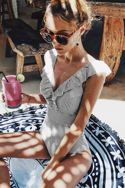 Angharad Ormesby | Blue Striped Ruffle Swimsuit For Women