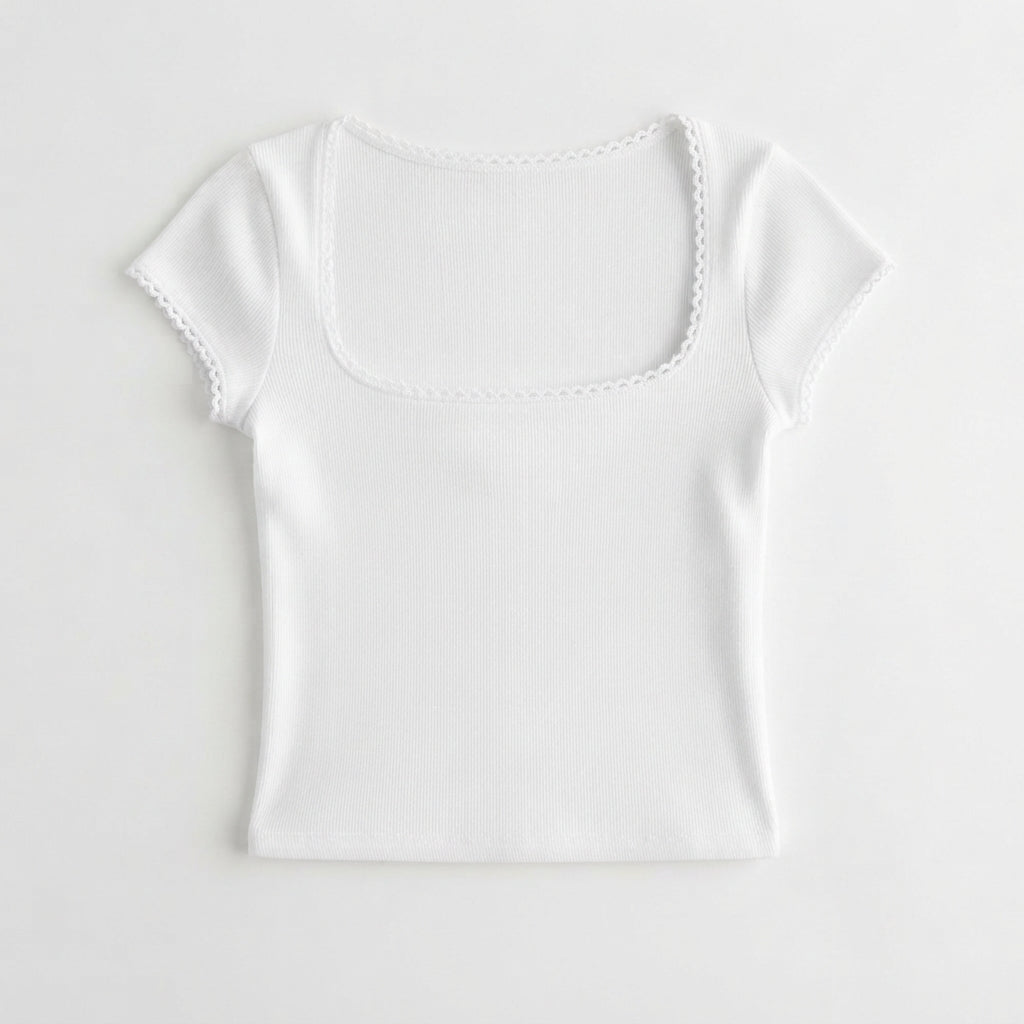 Harriet Nash | Ribbed Knit T-Shirt With Lace Trim For Women