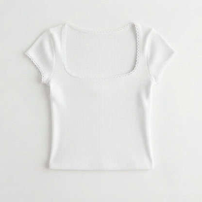 Harriet Nash | Ribbed Knit T-Shirt With Lace Trim For Women