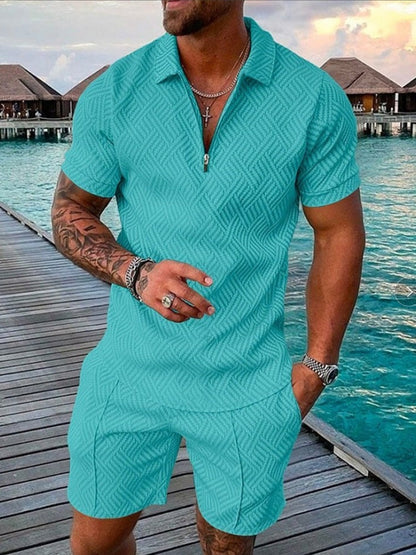 Archer Hayes | Grey Patterned Polo And Shorts Set For Men