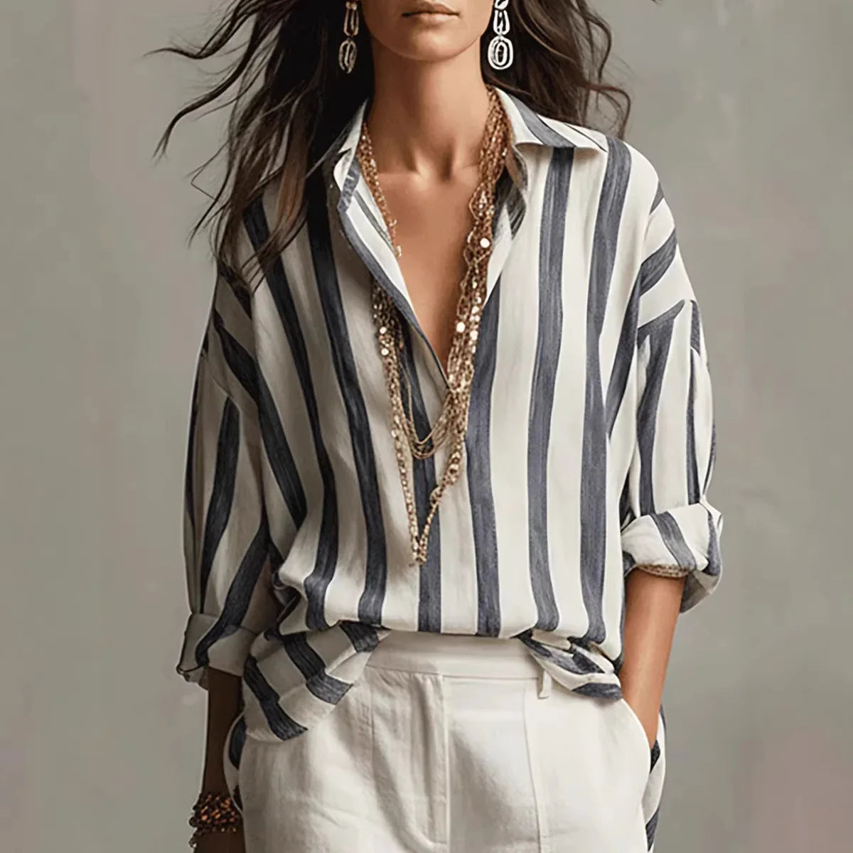 Millie Ashford | Striped Linen Blouse With Collar For Women
