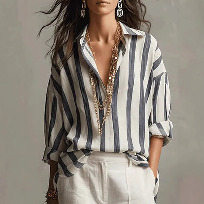 Millie Ashford | Striped Linen Blouse With Collar For Women