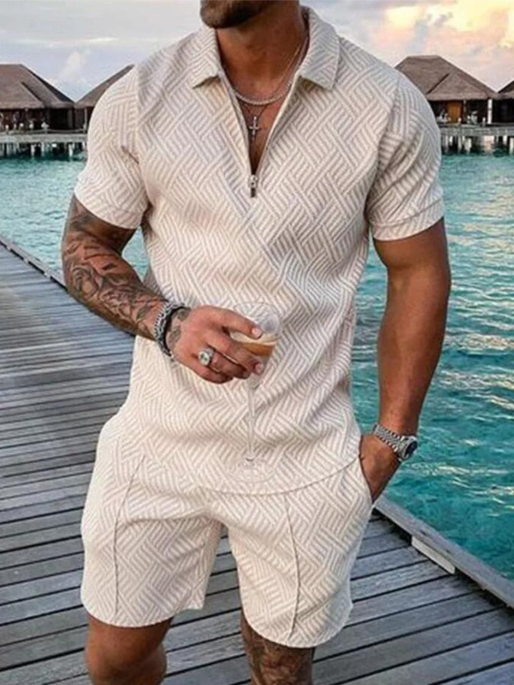 Archer Hayes | Grey Patterned Polo And Shorts Set For Men