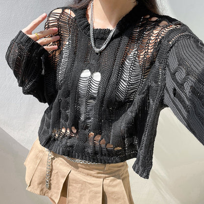 Rosie Ellingham | Cropped Ripped Knit Sweater For Women