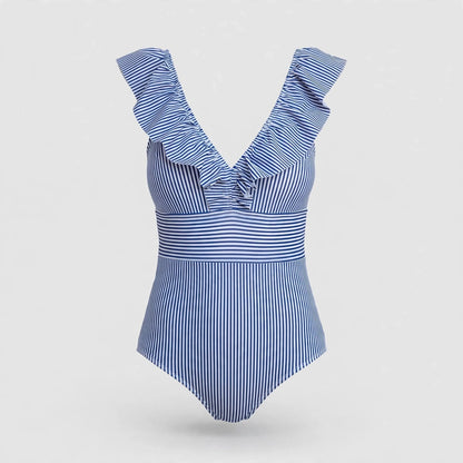 Angharad Ormesby | Blue Striped Ruffle Swimsuit For Women