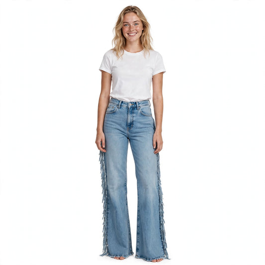 Ceri Quarrington | Blue Tassel Flared Jeans For Women