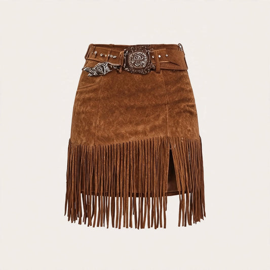 Vivien Quarrell | Brown Boho Fringe Western Skirt For Women