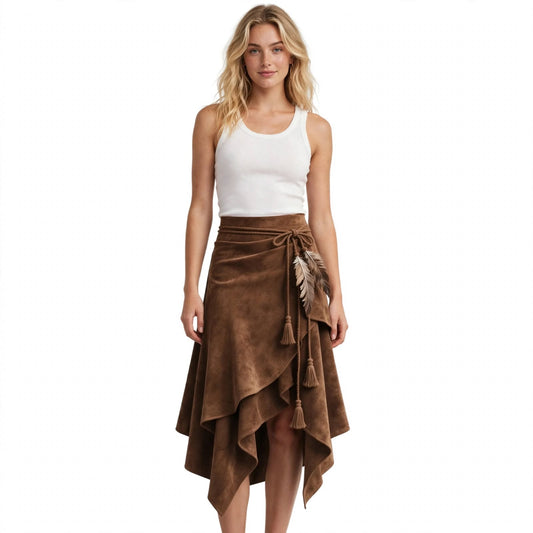Yvette Saltmarsh | Brown Suede Asymmetric Wrap Skirt For Women