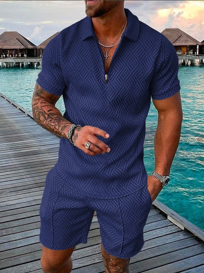 Archer Hayes | Grey Patterned Polo And Shorts Set For Men