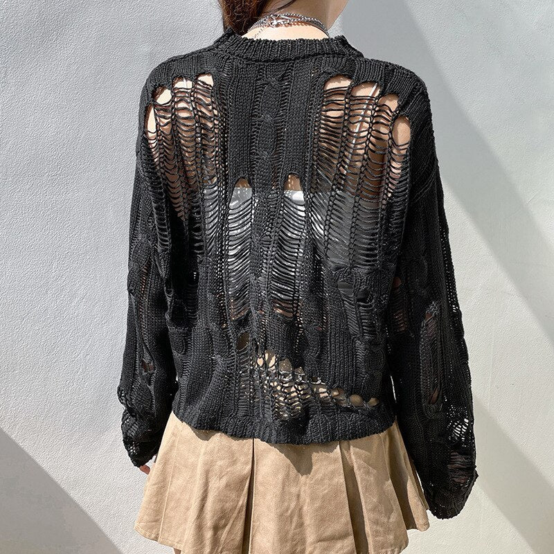 Rosie Ellingham | Cropped Ripped Knit Sweater For Women