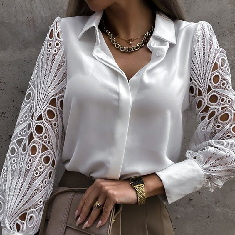 Claudia Nesbitt | Lace-Sleeve Satin Blouse For Women