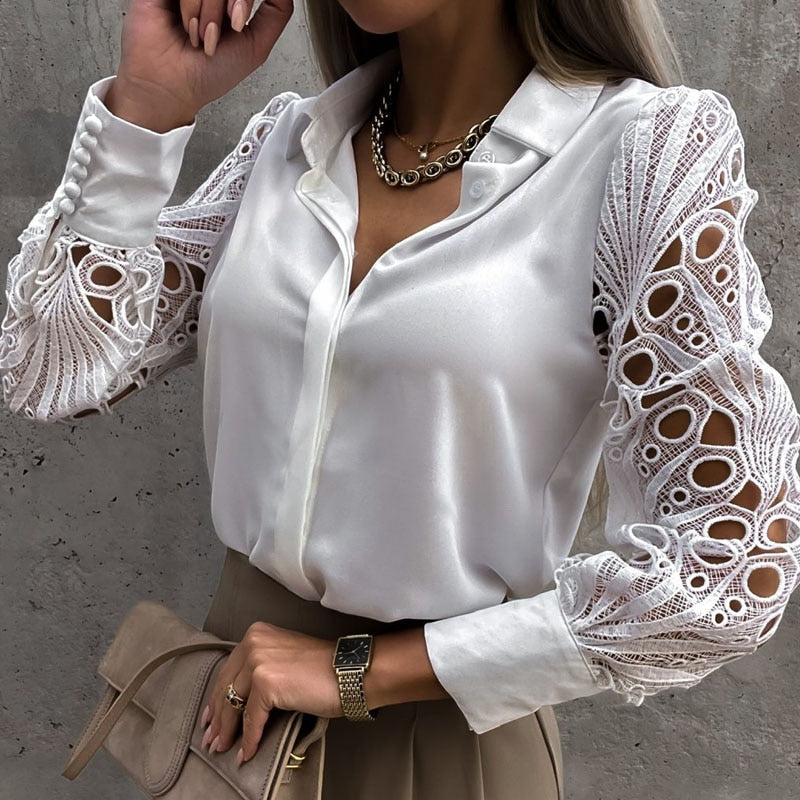 Claudia Nesbitt | Lace-Sleeve Satin Blouse For Women