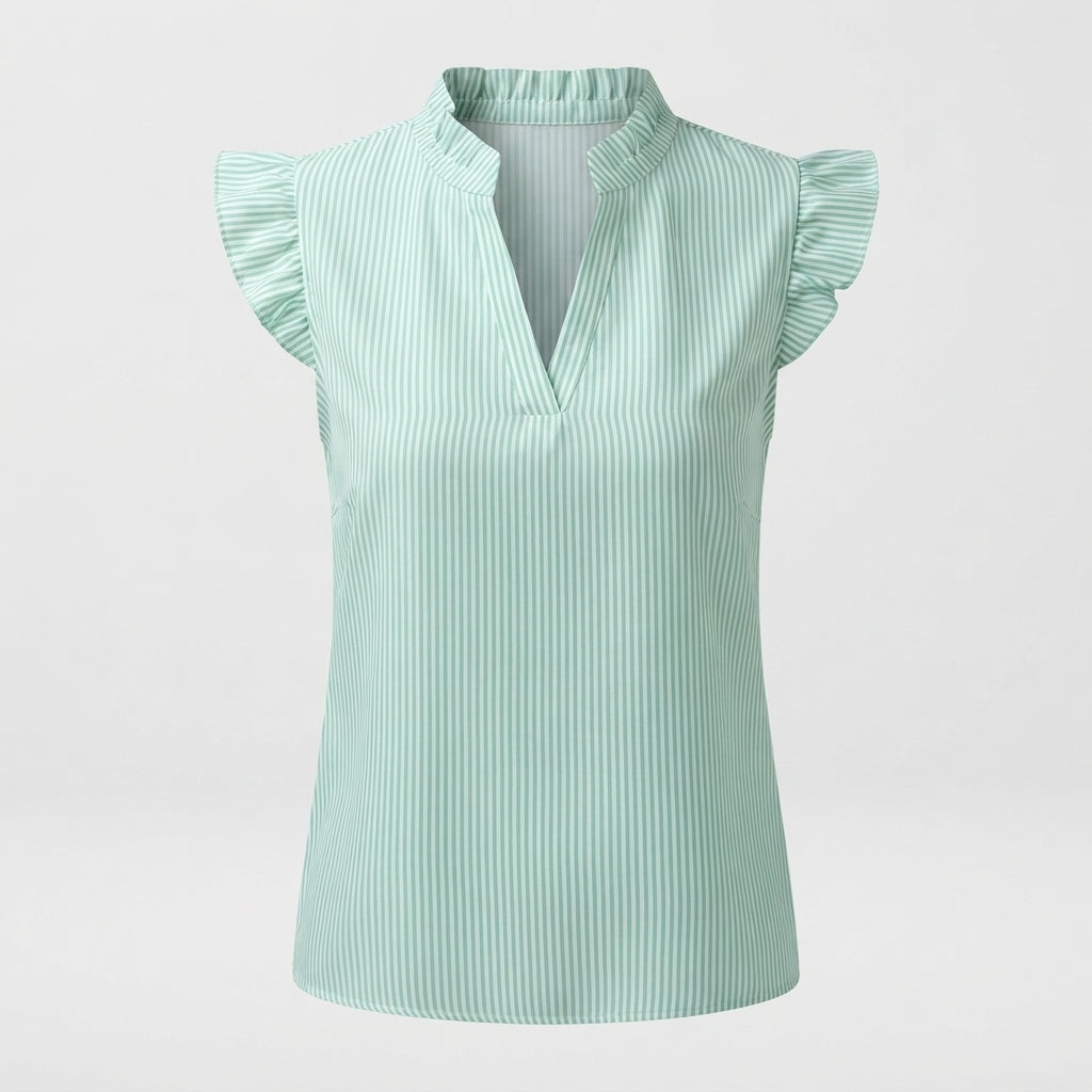 Sadie Delaney | Striped V-Neck Blouse With Ruffle Sleeves