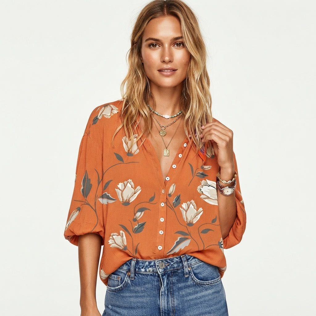 Mackenzie Hartwell | Floral Print Blouse With Statement Sleeves For Women