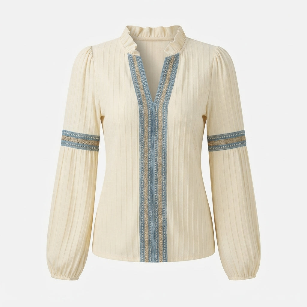 Vivienne Ashcroft | Vintage V-Neck Blouse With Embroidered Trim For Women