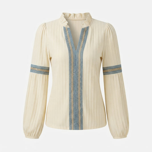 Vivienne Ashcroft | Vintage V-Neck Blouse With Embroidered Trim For Women