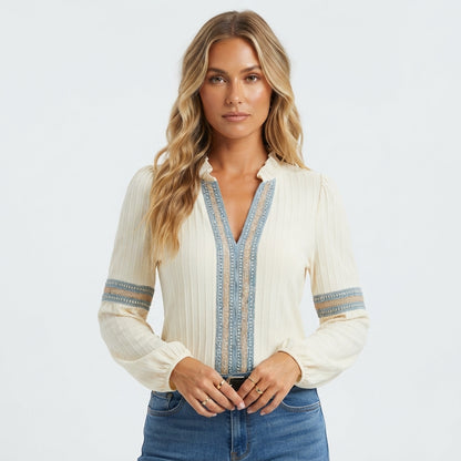 Vivienne Ashcroft | Vintage V-Neck Blouse With Embroidered Trim For Women