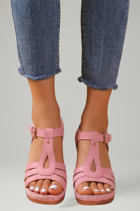 Holly Underwood | Pink T-Bar Wedge Sandals For Women