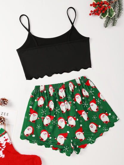 Winter Glow | Black Cami Santa Print Christmas Pyjamas For Women