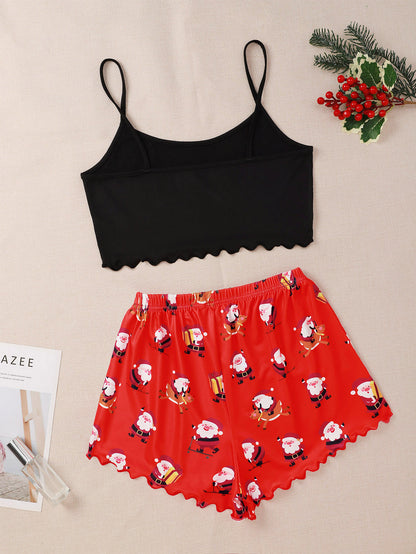 Winter Glow | Black Cami Santa Print Christmas Pyjamas For Women