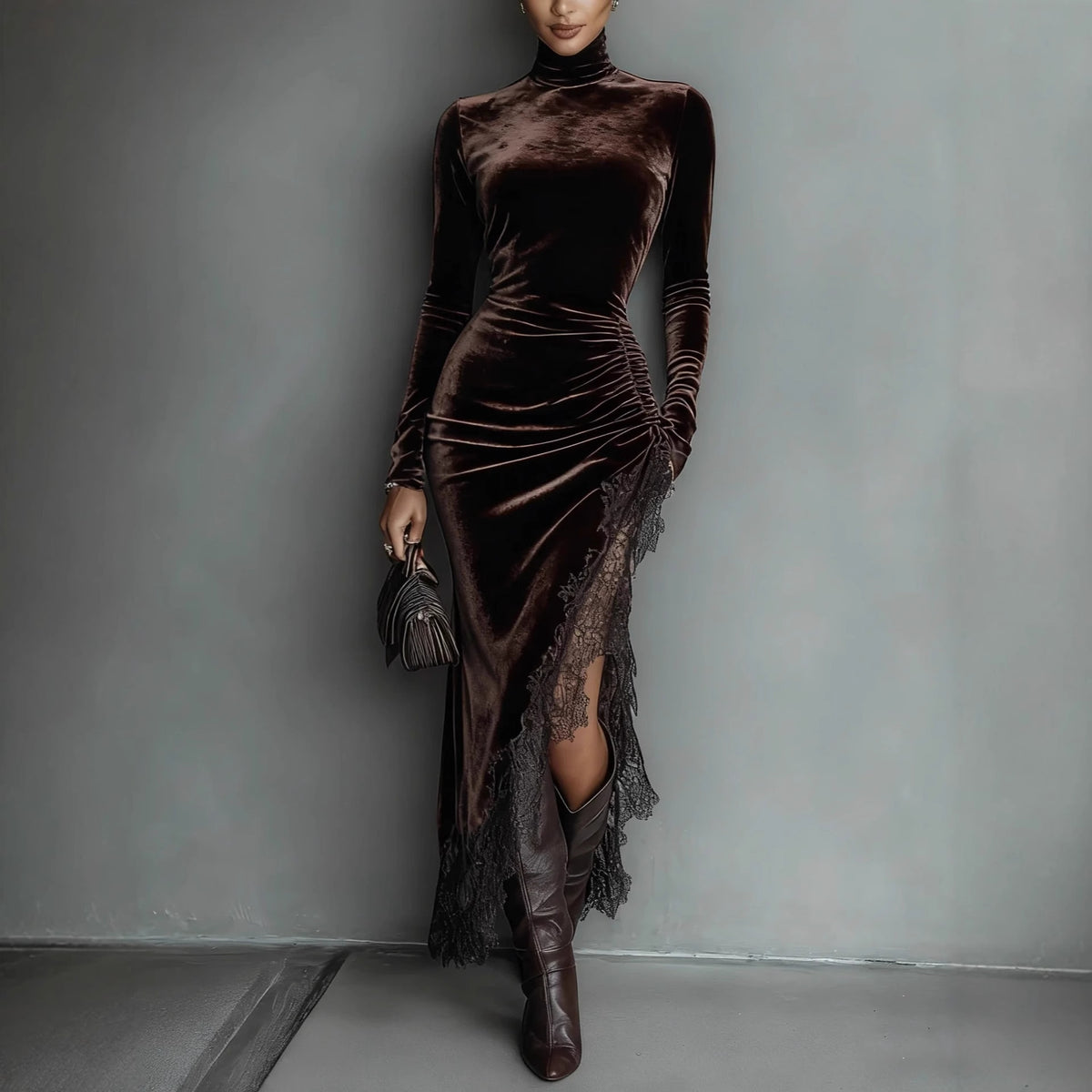Jade King | Velvet Maxi Dress With Lace Trim For Women