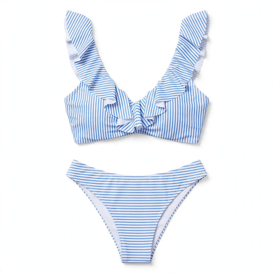 Rosa Ullswater | Blue Striped Ruffle Shoulder Bikini For Women