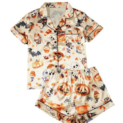 Eloise Marchmont | Ghost Pumpkin Print Satin Pyjama Set For Women