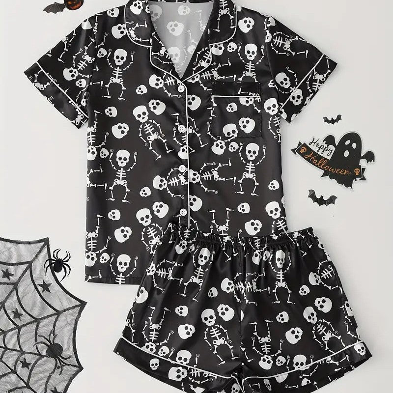 Eloise Marchmont | Ghost Pumpkin Print Satin Pyjama Set For Women