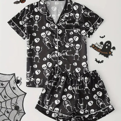 Eloise Marchmont | Ghost Pumpkin Print Satin Pyjama Set For Women