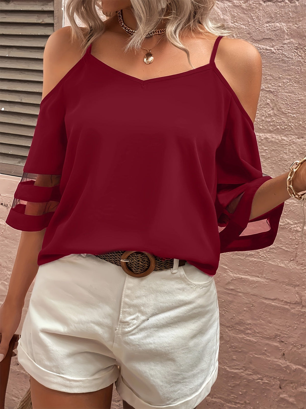 Clementine Whitcombe | Cold Shoulder Blouse With Mesh Sleeve Detail For Women