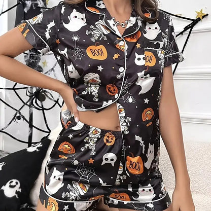 Eloise Marchmont | Ghost Pumpkin Print Satin Pyjama Set For Women