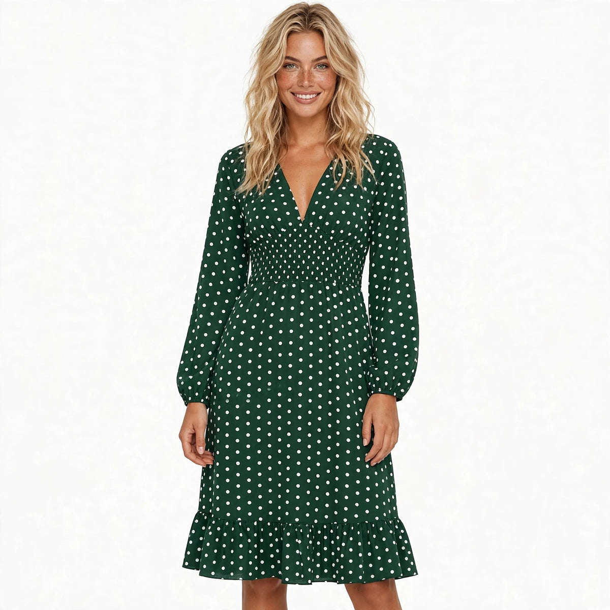 Beatrix Lawson | Polka Dot Midi Dress With Puff Sleeves For Women