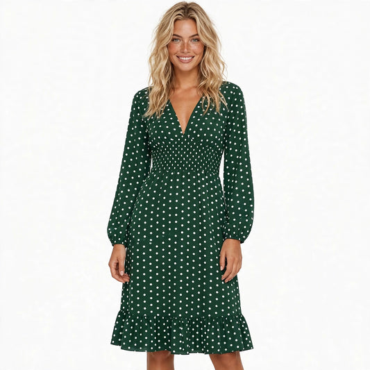 Beatrix Lawson | Polka Dot Midi Dress With Puff Sleeves For Women