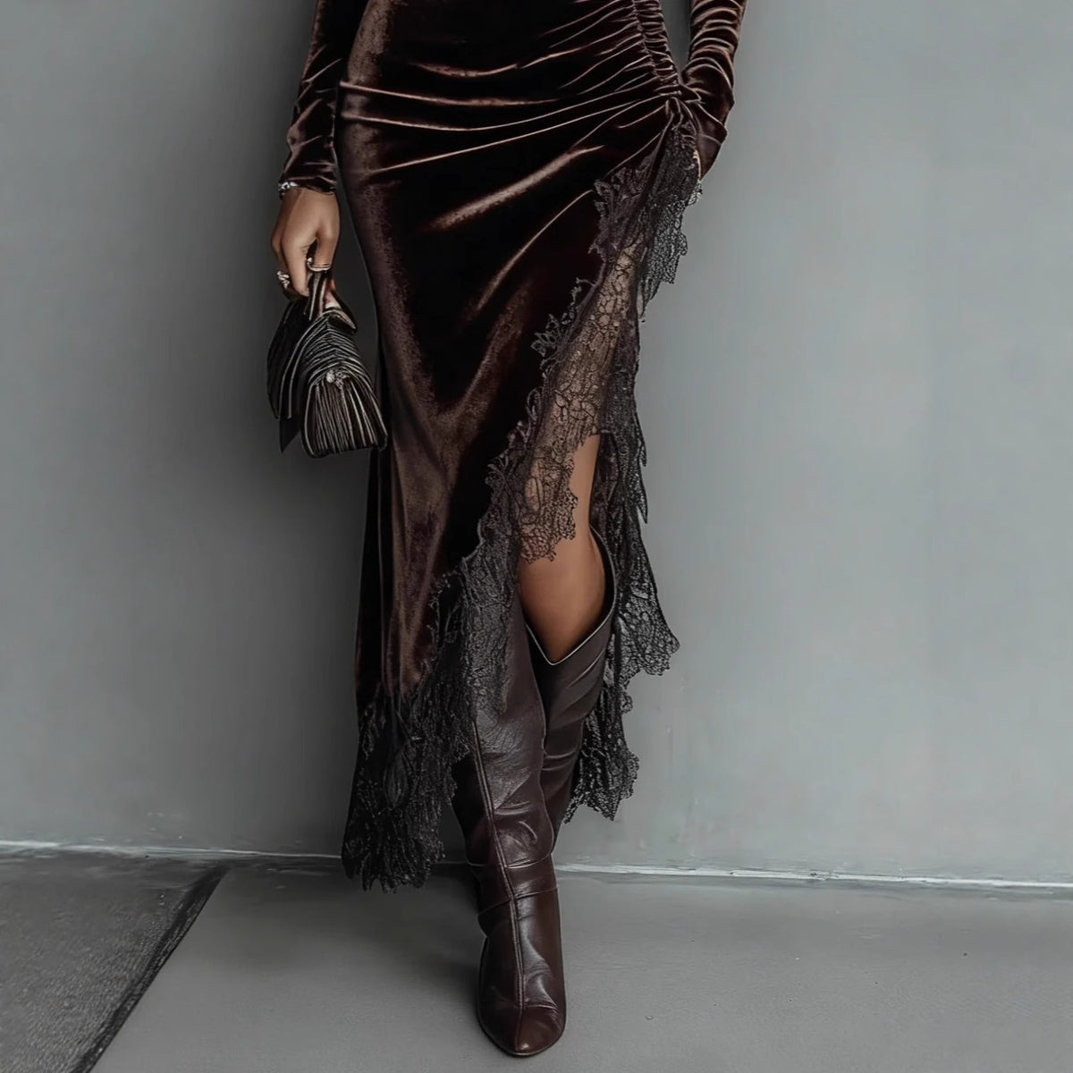 Jade King | Velvet Maxi Dress With Lace Trim For Women