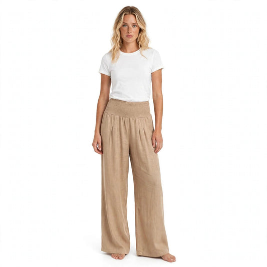 Beatrix Ashwell | Beige Linen Look Wide Leg Beach Trousers For Women