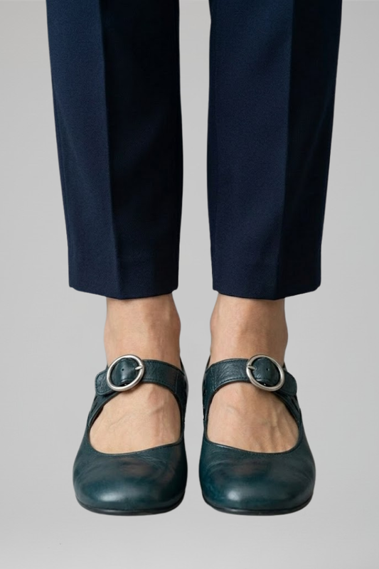 Bridget Kearney | Dark Green Buckled Mary Jane Flats For Women
