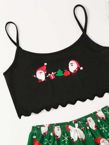 Winter Glow | Black Cami Santa Print Christmas Pyjamas For Women