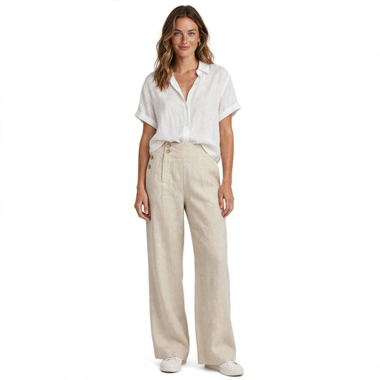 Caitlin Rutland | Beige Linen Look Wide-Leg Pants For Women