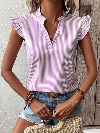 Sadie Delaney | Striped V-Neck Blouse With Ruffle Sleeves