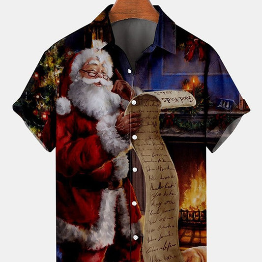 Fireside Glow | Navy Santa Print Christmas Shirt For Men