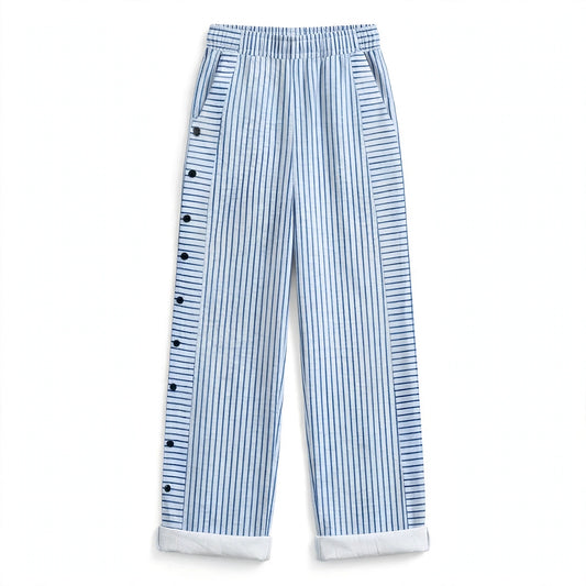 Cordelia Blakeney | Blue Striped Linen Look Trousers With Side Buttons For Women