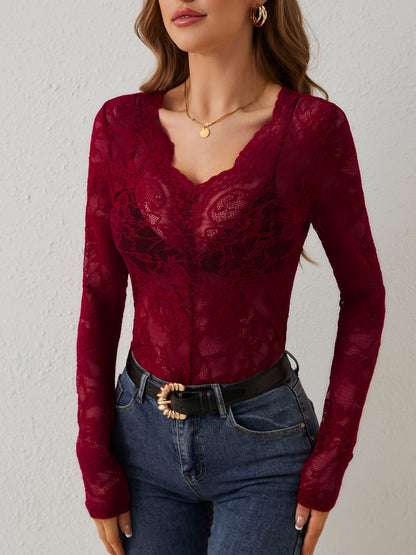 Vivienne Blackwood | Lace Blouse With Scalloped V-Neck For Women