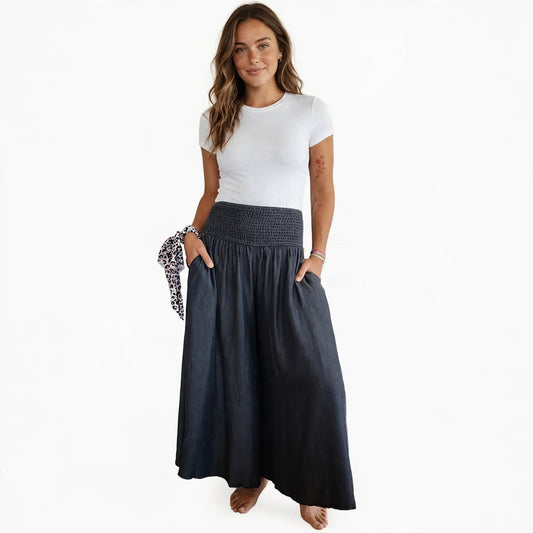 Delilah Fenwick | Navy Linen Look Elastic Maxi Skirt For Women