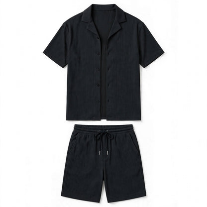 Dexter Granger | Charcoal Ribbed Camp Collar Shirt Set For Men