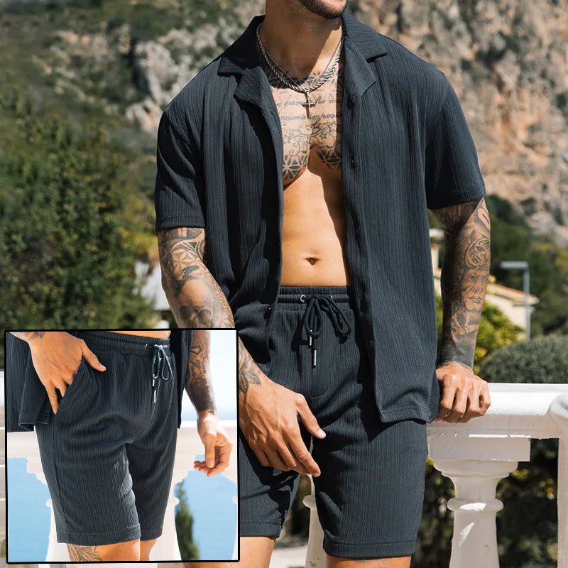 Dexter Granger | Charcoal Ribbed Camp Collar Shirt Set For Men