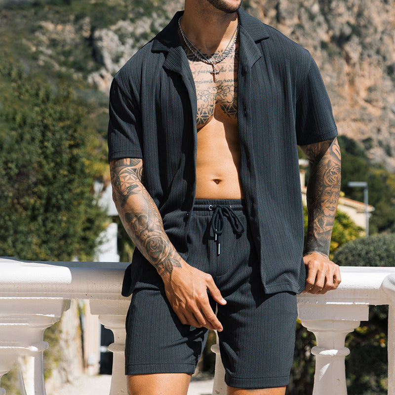 Dexter Granger | Charcoal Ribbed Camp Collar Shirt Set For Men