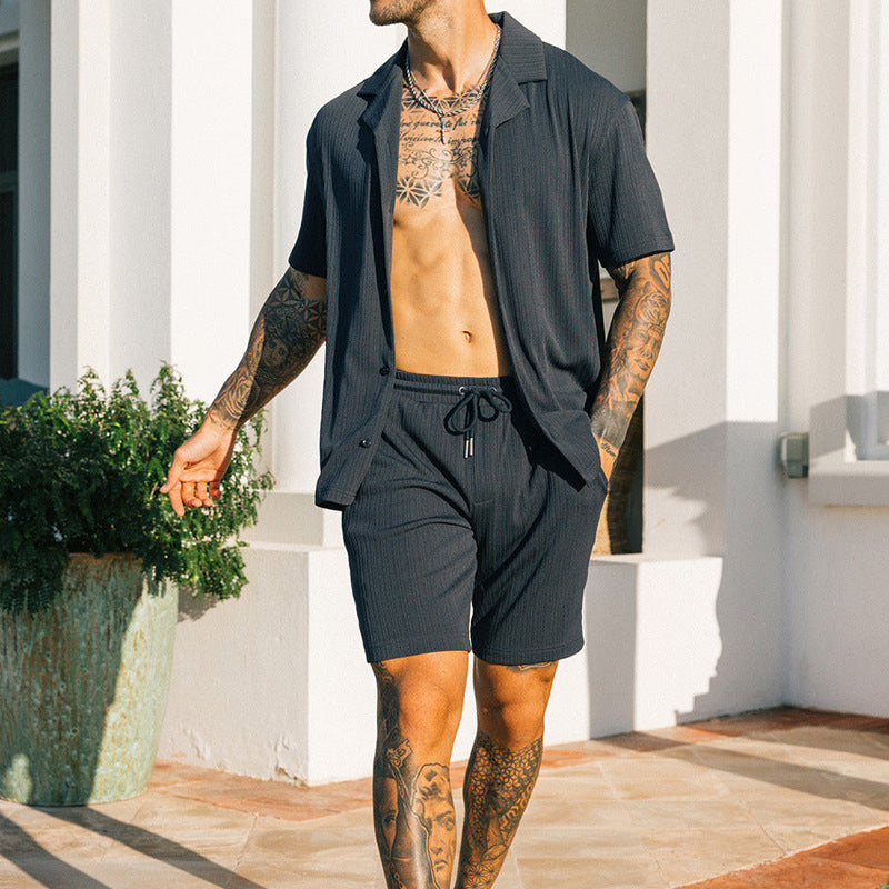 Dexter Granger | Charcoal Ribbed Camp Collar Shirt Set For Men